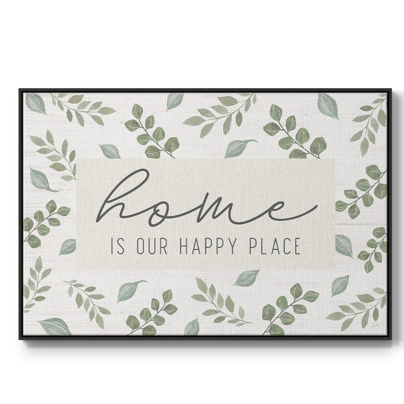"Home is our happy place", art textuel sur toile, H 27 po x l 41 po x P 2 po, Noir