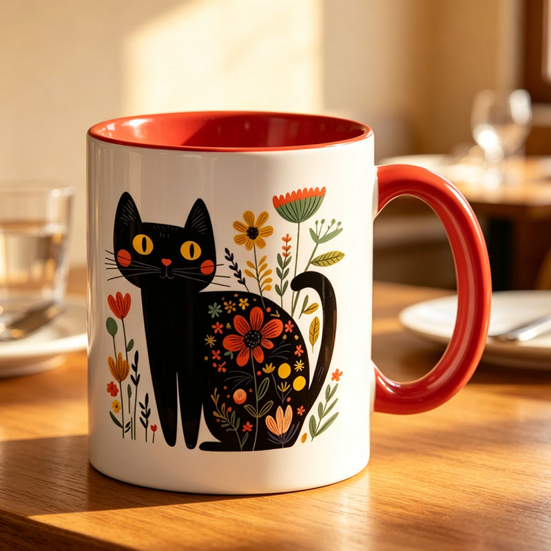 1pc Black Cat & Floral Vibrant Autumn Colors Logo Ceramic Coffee Mug Coffee Cup Tea Mug Christmas Gift for Leisure Time perfect for relaxation.