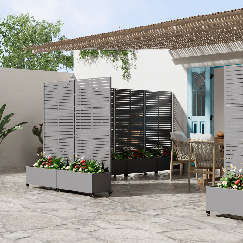 Metal Planter Box with Trellis with Wheels, 72" H x 35" W x 16" D, Gray