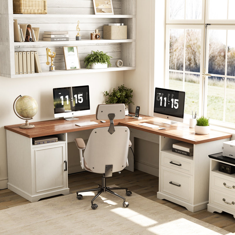 60‘’ L Shaped Desk with Wooden Drawers, Walnut, White