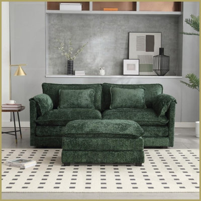 Modern Chenille Oversized Double Sofa with Footstool &amp; Side Pockets - Cozy Living Room Centerpiece