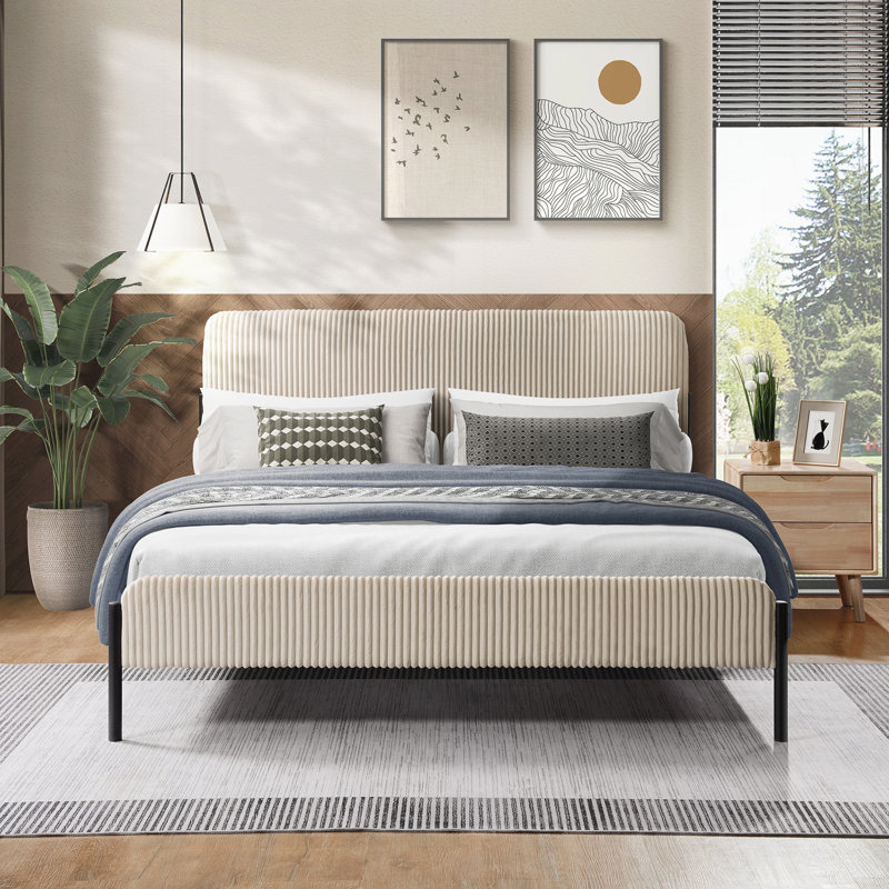 Lit plateforme en tissu d'ameublement, Crème