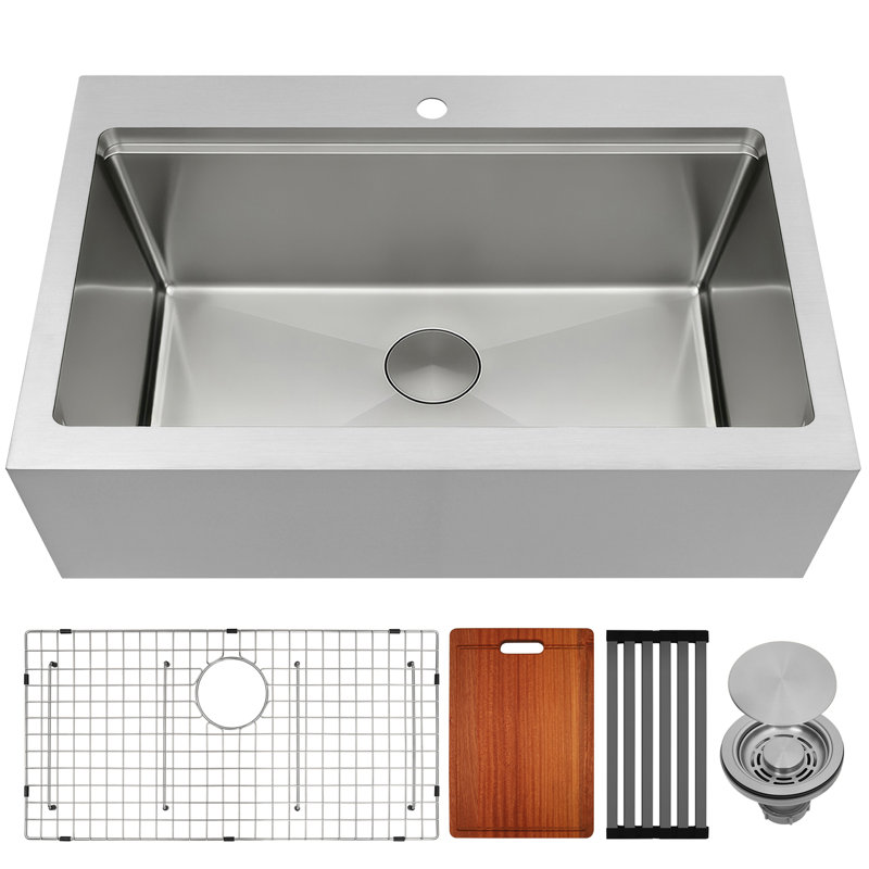  36" L x 22" W Workstation Farmhouse Apron Front Kitchen Sink 16 Gauge Stainless Steel Single Bowl With Accessories