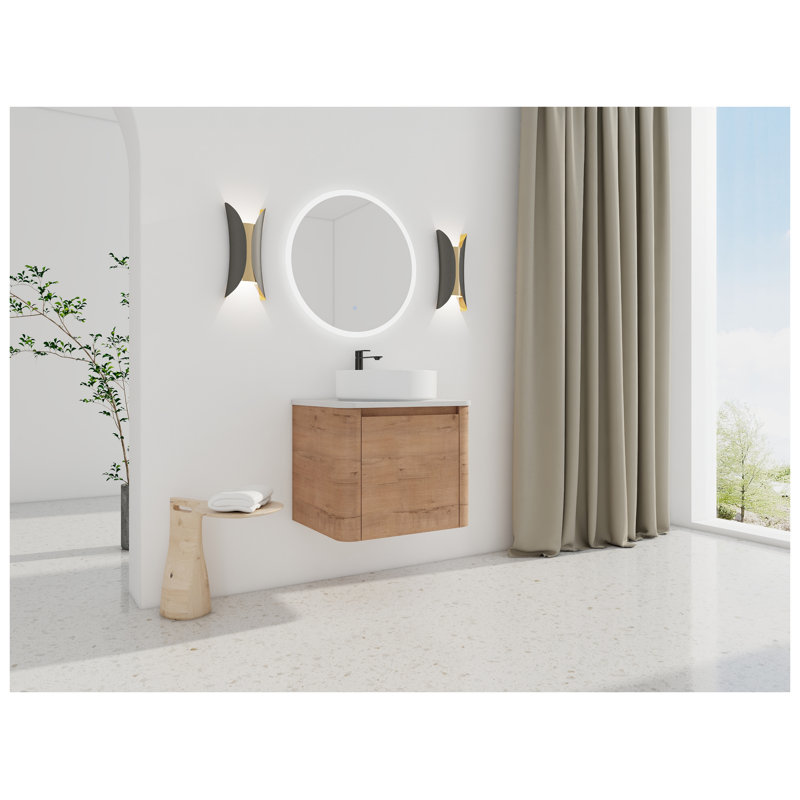 Meuble-lavabo mural 24 po avec lavabo en céramique imitation chêne