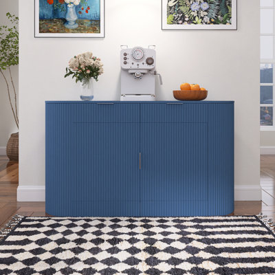 Armoire de rangement moderne - 2 portes et 2 tiroirs, buffet en panneau de fibres à densité moyenne avec poignées en aluminium, porte latérale incurvée et tablettes à 3 niveaux, bleu marine