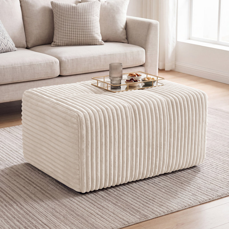 Pouf ottoman moderne compressé, repose-pieds rectangulaire modulable en velours côtelé avec ressorts ensachés, aucun assemblage requis pour le salon, beige