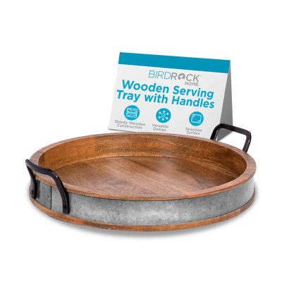 16” Round Wood Serving Tray with Handles and Iron Accents, Large Serving Tray for Coffee Table, Ottoman, Food, and Drinks, Wood Serving Platter for Parties, Events, and Home Decor