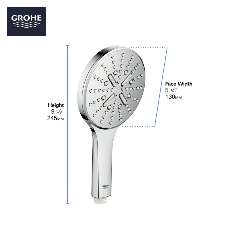 GROHE Rainshower 3-Setting Handheld Shower Head, Rain Jet Settings, 1.75 GPM, Matte Black