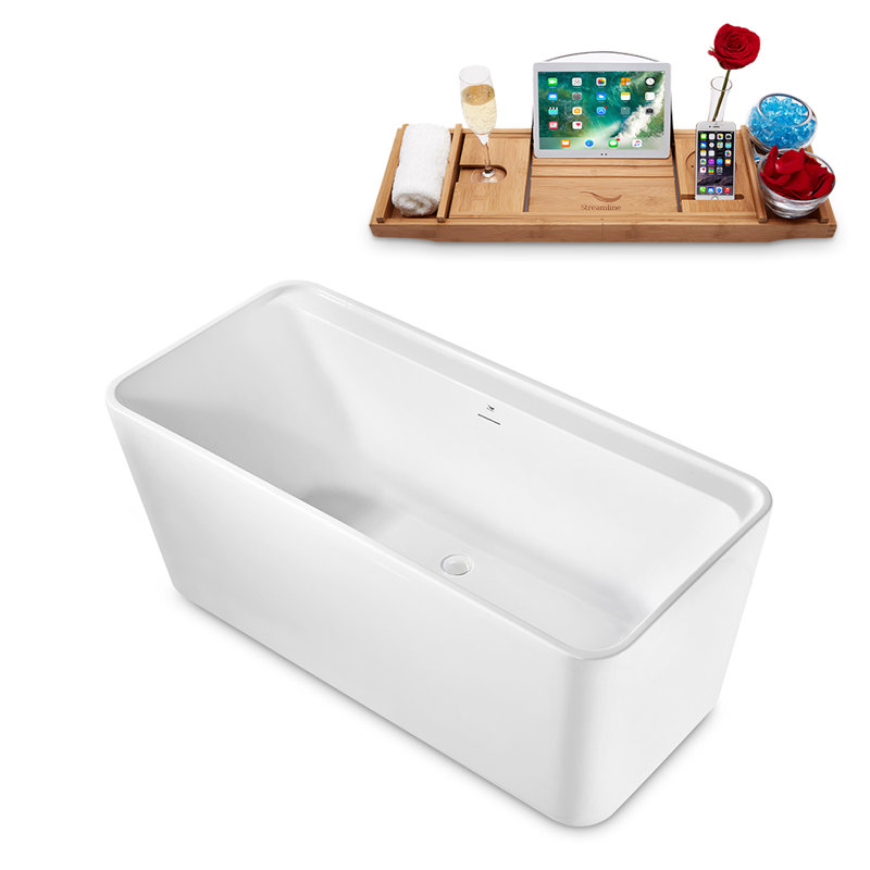 Baignoire de trempage autoportante 59 "avec drain et plateau en bambou 59" Streamline, Blanc lustré