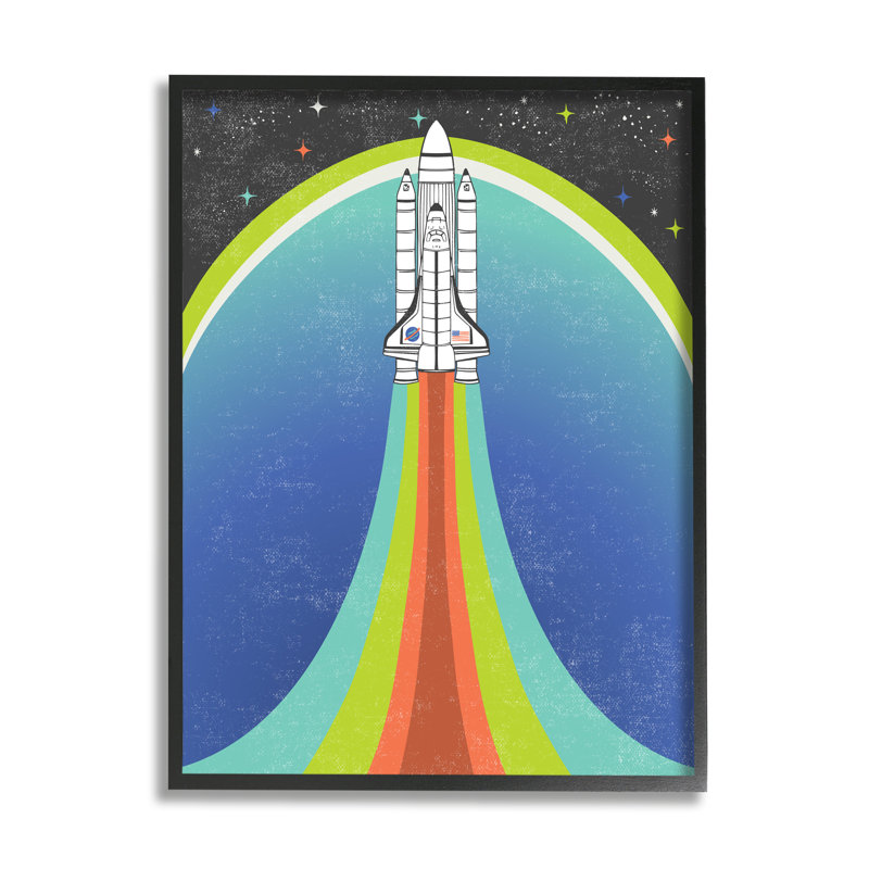 Rocket Ship Taking Off Outer Space Striped Pattern Picture Frame Graphic Art on MDF, 24" W x 30" H