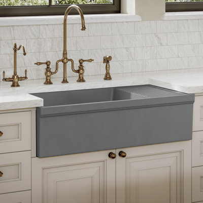 Whitehaus 36" large reversible single bowl fireclay kitchen sink: integral drain board, 2½” lip front apron