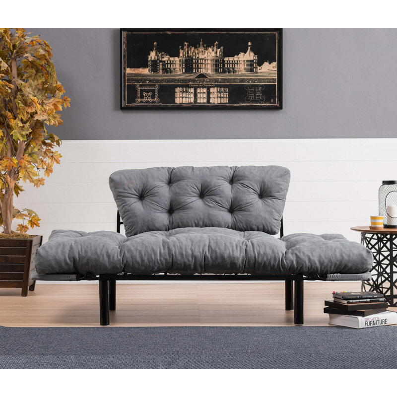 Élégant canapé-lit 2 places en tissu de microfibre gris de 61,0 x 27,6 x 27,6 pouces | Structure 100% métal, rembourrage en mousse à haute résistance, nettoyage facile | Capacité de poids maximale: 440 lb | Parfait pour les petits espaces, les décors bohémiens et industriels