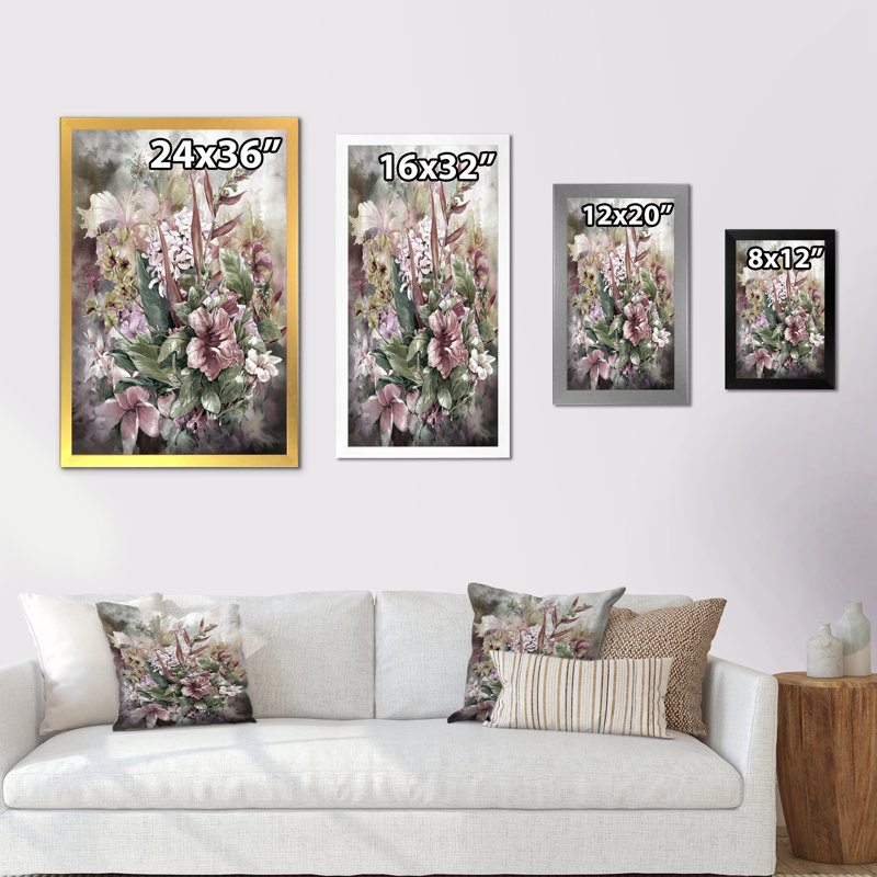 Grunge rose gris, fleurs d'été - décoration murale traditionnelle en toile, H 32 po x l 16 po x P 1 po, Cadre photo doré