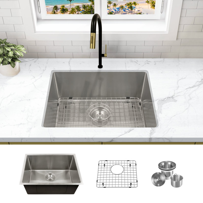 Évier de cuisine à simple cuve en acier inoxydable KBFmore, 3 pièces Gadgets, Calibre 16, L 9 po x L 24 po x H 9 po
