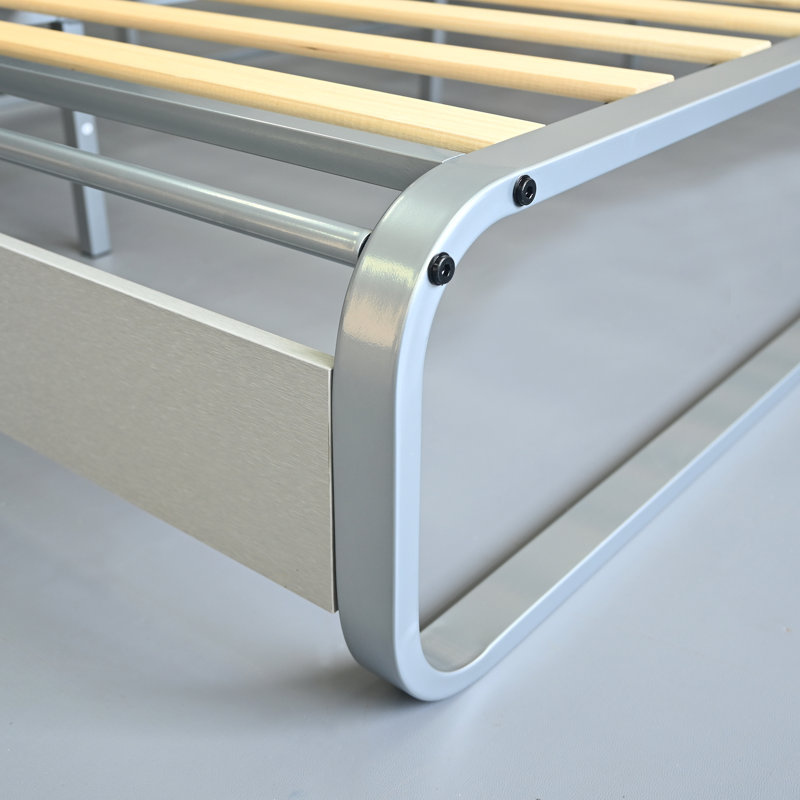 Queen Bed Frame with Storage Headboard and  LED Lights Metal Platform with Charging Station
