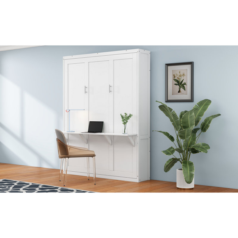 Lit et bureau - Design moderne pour la maison, couleur blanche, permettant d'économiser de l'espace: 61,5 po. Supporte 600 lb en bois massif + 82,53 po Hauteur du mur caché de l'unité complète de gestion efficace