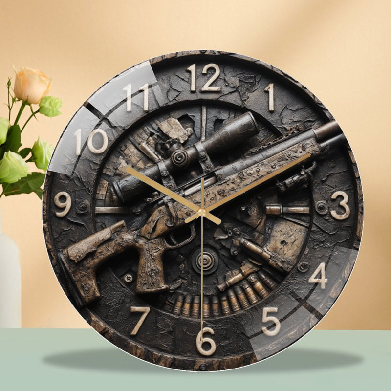 Horloge avec fusil et munitions - horloge murale moderne en verre 12 po