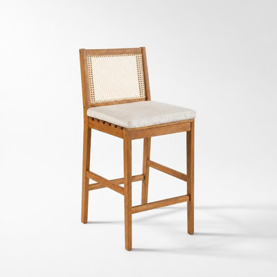 Ensemble de 2 tabourets de bar d'extérieur résistants aux intempéries avec coussin, structure en bois naturel durable avec finition lisse, dossier tissé respirant, soutien lombaire ergonomique