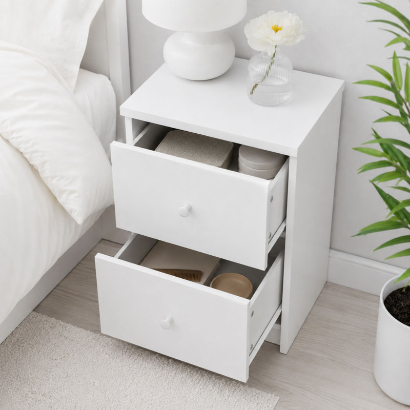 Ingrassia 2-Drawer Bedside Cabinet, Nightstand, End Table, Smooth-Glide, White