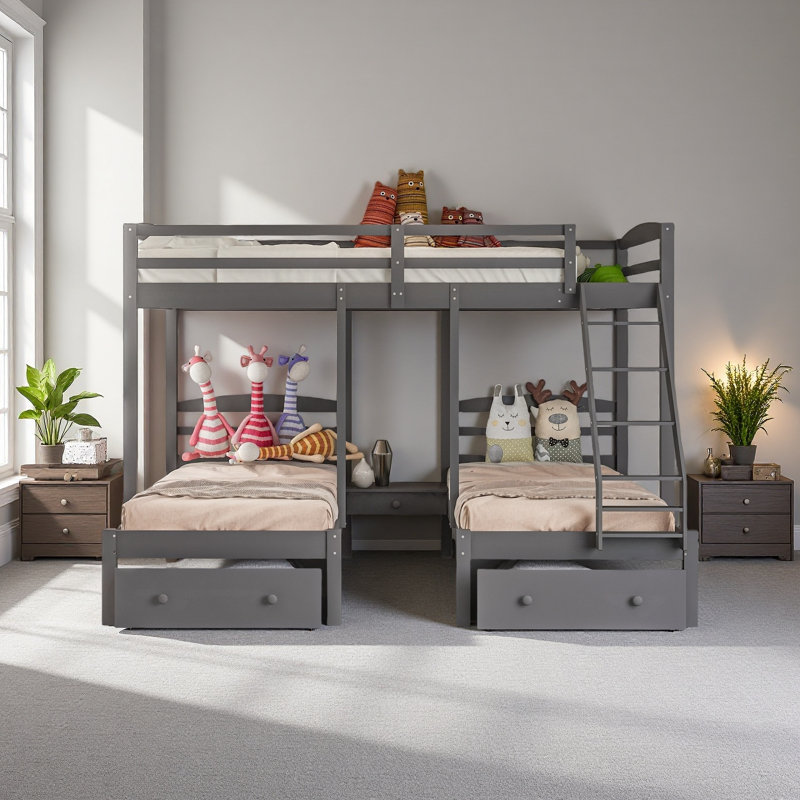 Full Over Twin & Twin Bunk Bed,Triple Bunk Bed With Drawers