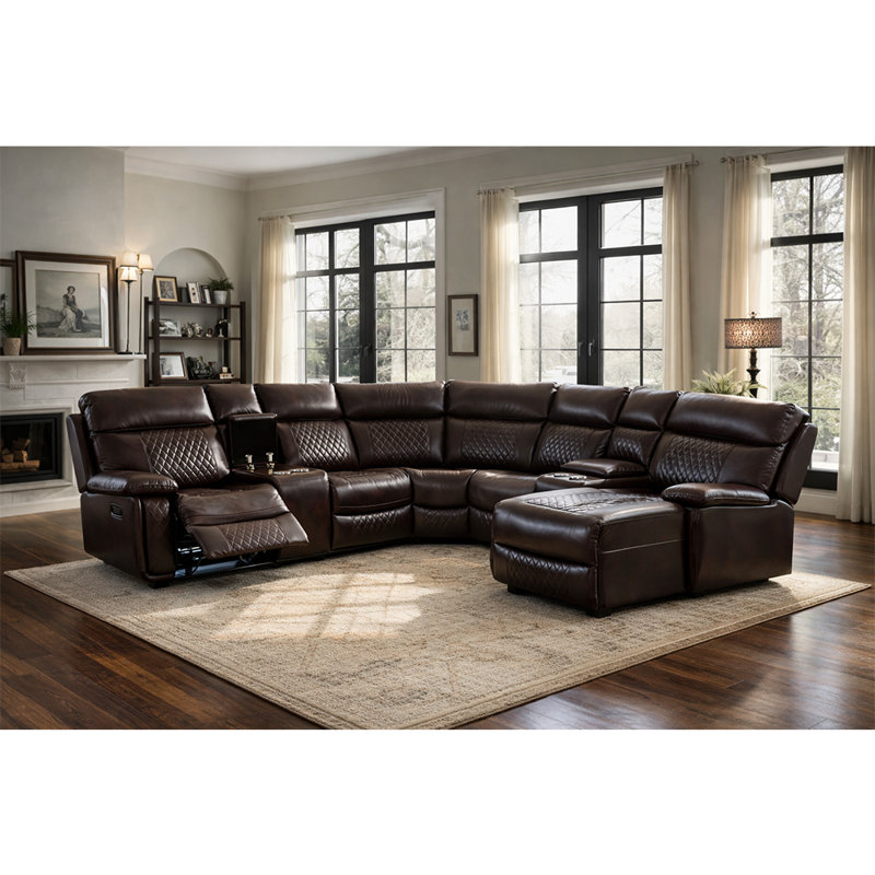 Canapé modulaire en cuir avec fauteuil inclinable, canapé modulaire d'angle manuel à 5 places avec console, boîte de rangement, 2 porte-gobelets