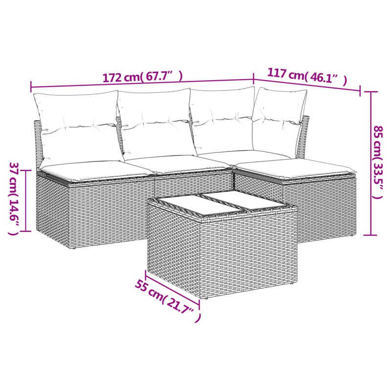 Ensemble de canapé de patio 5 pièces avec coussins en rotin de polyester, Gris, Marine
