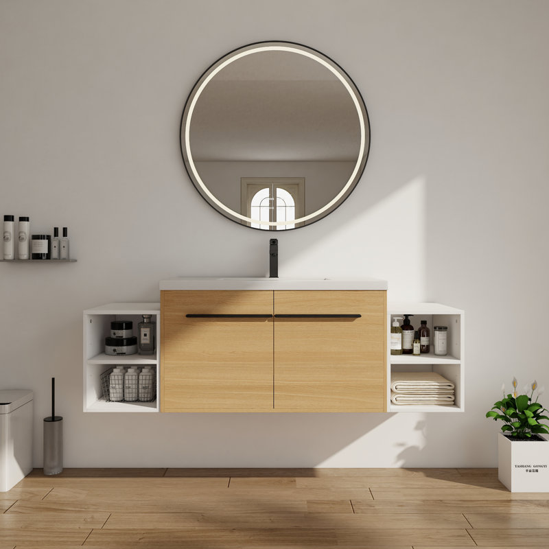 Meuble-lavabo mural 60 po avec lavabo à poser en résine, armoire de salle de bain flottante moderne avec 2 portes à fermeture douce et 2 tablettes de rangement ouvertes, blanc brillant, chêne
