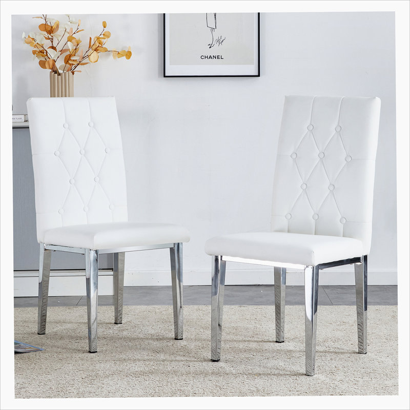 Melea Upholstered Parsons Chair, White, 4, Silver