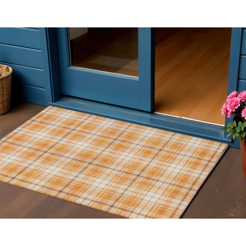 3' X 5' Orange Blue And Ivory Plaid Washable Indoor Outdoor Area Rug