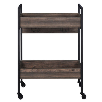 Brown + Black Mobile Serving Cart With 2 Shelves, Cup Holder, Stable For Dining Room Use Elegant In Walnut And Black, Construction