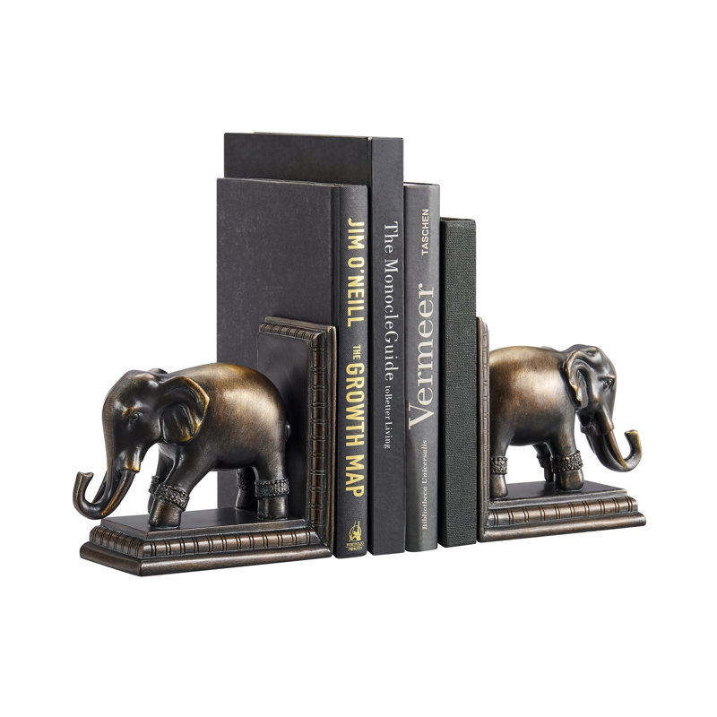 Bronze Patina Elephant Bookends Set with Ornate Design