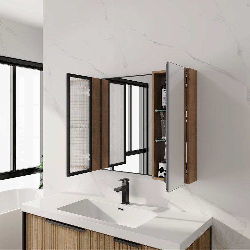 Armoire de salle de bain avec miroir 39,4 po avec combinaison de rangement, armoire à pharmacie murale avec porte à fermeture en douceur, tablettes réglables en verre, contreplaqué