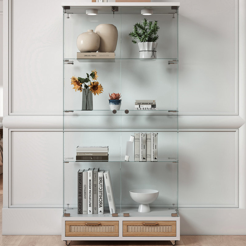 Quick - Assembly 4 Tier Tempered Glass Storage Case With 13 Colour Led Lighting, 2 Drawers And Design For Living Room, Office White Natural Modern Stylish Door Display Cabinet Lights, Large Shelves