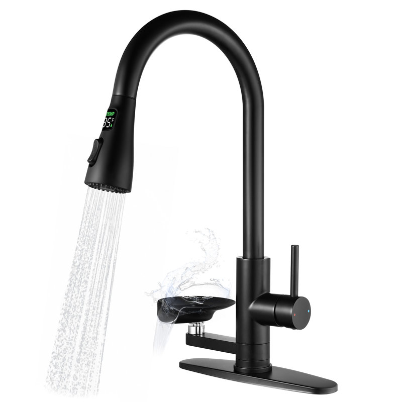 3-In-1 Kitchen Faucet With LED Temperature Display, High-Arc Pull-Down Sprayer, And Press-Type Glass Rinser, Matte Black