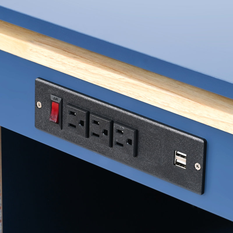 Rolling Kitchen Storage Island With Led Lights, Power Sockets, Fluted Glass Door & Large Capacity Storage, Navy Blue Outlets