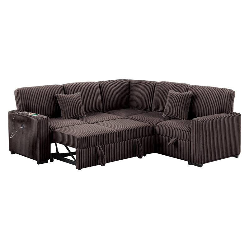 Canapé d'angle convertible moderne 3 pièces avec rangement intégré et lit gigogne, tissu aspect fourrure chocolat, mécanisme, oreiller inclus. Parfait pour le salon. Finition et fibres.