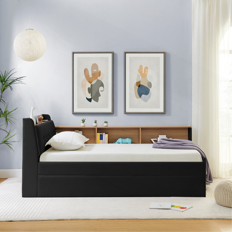 Lit de jour simple à hauteur ajustable en velours avec tête de lit à rangement et chargement sans fil, lit de jour multifonctionnel avec lit gigogne et lumières DEL