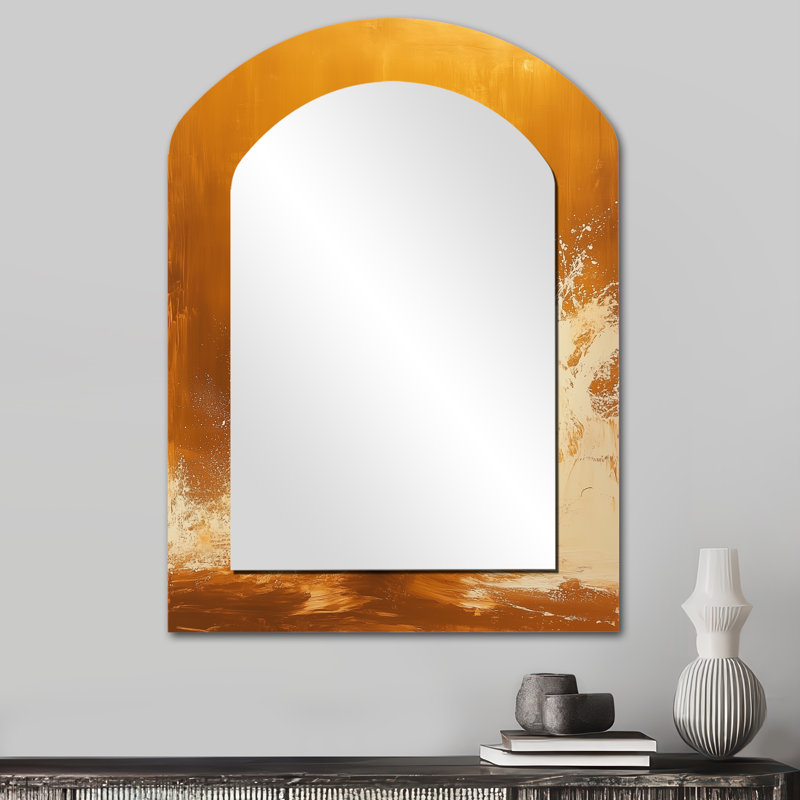 Or et blanc, cheval, Windy Plains - miroir mural décoratif en arche de cheval, miroir asymétrique moderne, impression sur métal