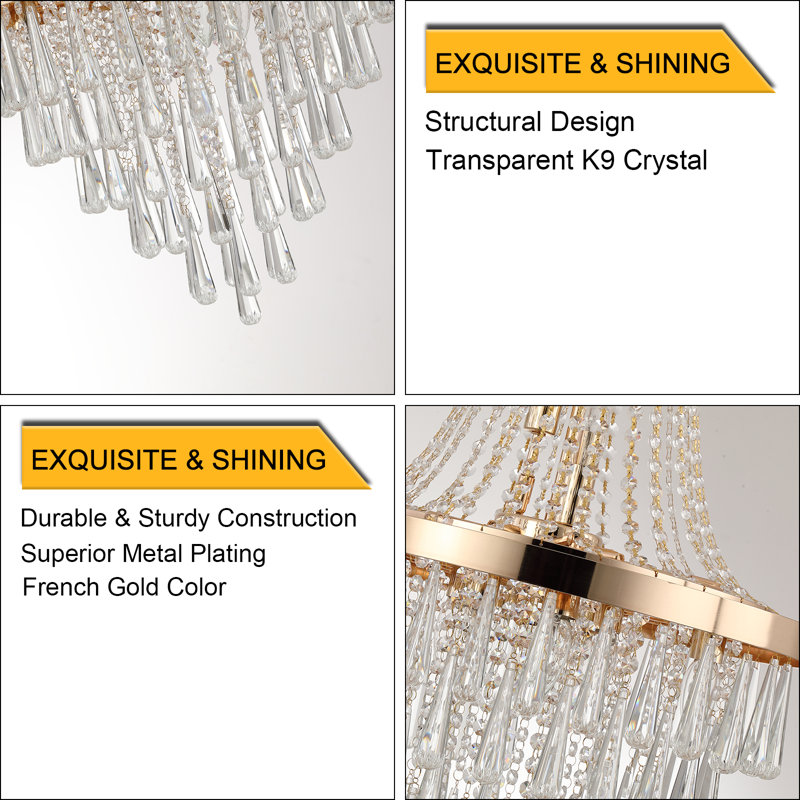 Lustre suspendu moderne en cristal 6 lumières avec finition dorée