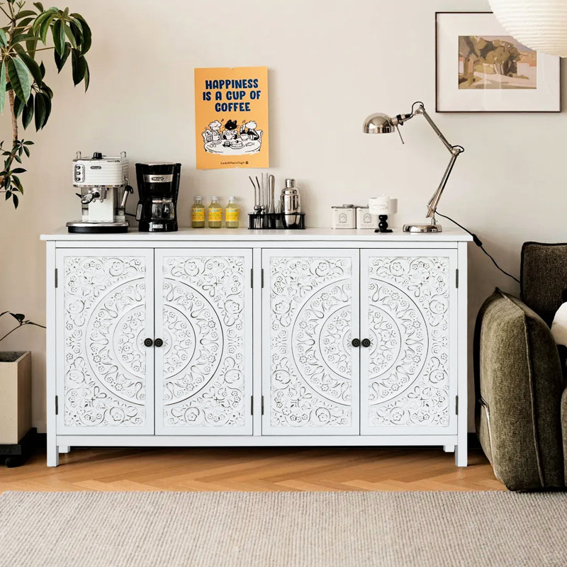 Commode d'appoint blanche 60 po avec tiroir, garde-manger rustique pour la décoration intérieure et le rangement, design américain, sapin, buffet de 3 à 4 espaces de rangement en bois, organisation de porte, finition peinte, ouvert massif