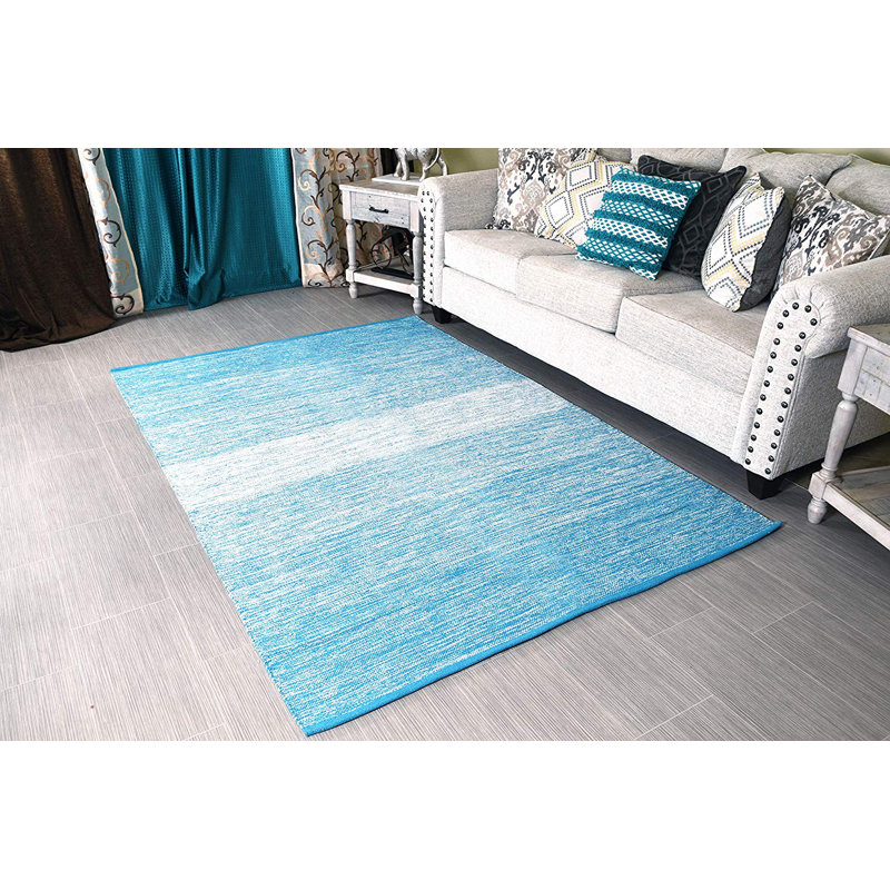 Tapis bleu turquoise en coton dégradé fait main à tissage plat Langsten