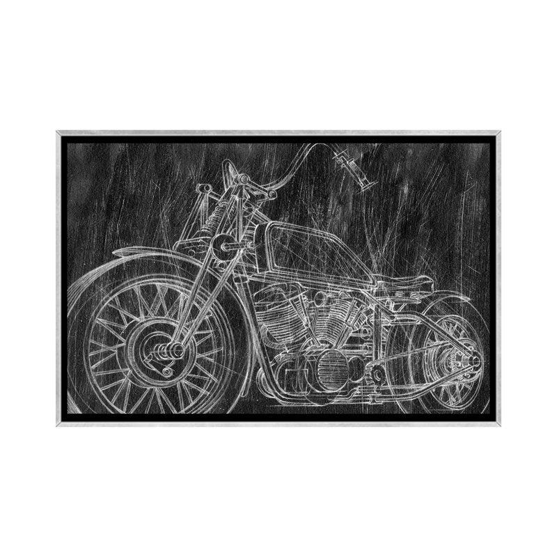 « Moto Mechanical sketch II » par Ethan Harper, reproduction d’art, H 18 po x l 26 po x P 1,5 po, Toile avec cadre argenté
