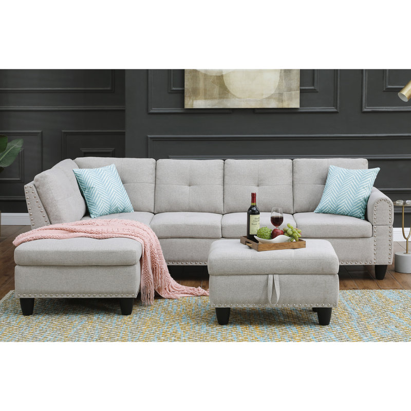 Chaise longue de 98 po de largeur et confort - Lin gris, faisant face à la gauche et canapé modulaire en tissu de lin Un attrait traditionnel en mousse