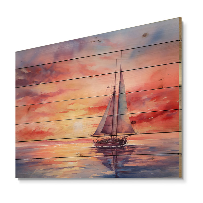 «Pastel Colors Sailboat Sunset I - Bateau à voile sur bois», H 24 po x l 32 po x P 0,78 po