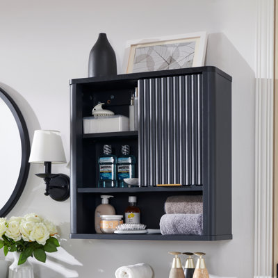 Armoire de salle de bain murale Ansa, armoire de rangement murale avec porte de grange coulissante et 1 tablette réglable ouverte