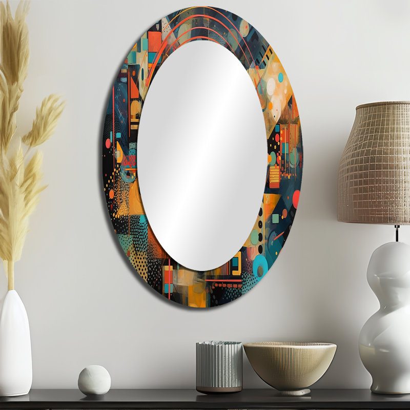 Parmodh orange et bleu géométrique vibrations II - grand miroir géométrique, miroir mural décoratif orange, impression d'art en métal