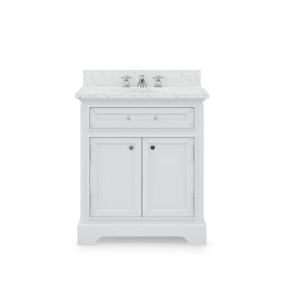 Meuble-lavabo de comptoir en marbre blanc Carrara 30 po avec robinet Derby