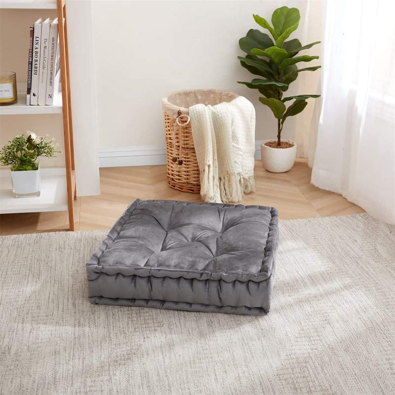 Gray Square Tufted Faux Velvet Floor Pillow