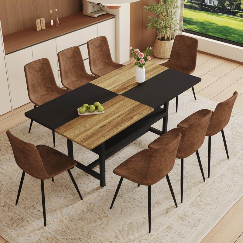Ensemble de table de salle à manger rectangulaire pour 8 personnes, ensemble de table de salle à manger 71 po avec 8 chaises rembourrées et tablette de rangement, plateau de table en bois avec structure en métal