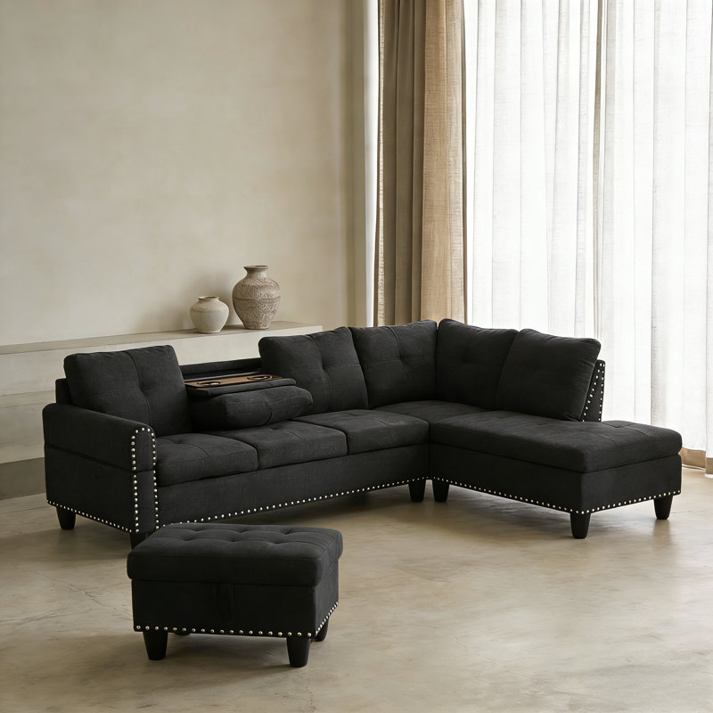 Ensemble de canapé en forme de L 3 pièces avec table rabattable et repose-pieds de rangement, disponible en tissu ou similicuir